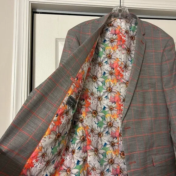 Mens PAISLEY & GRAY Sz 42L Gray & Peach Plaid Slim Fit Suit Jacket Sport Coat - Picture 6 of 13